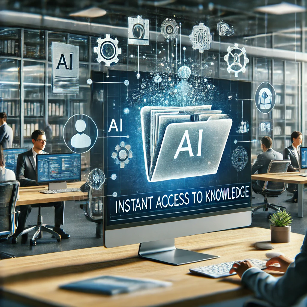 Image of a computer with a large folder named AI to instantly access all knowledge.