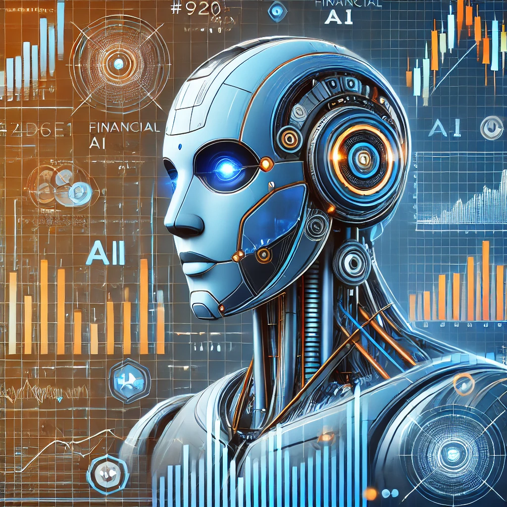 Image of a robot with Artificial Intelligence surrounded by financial charts.